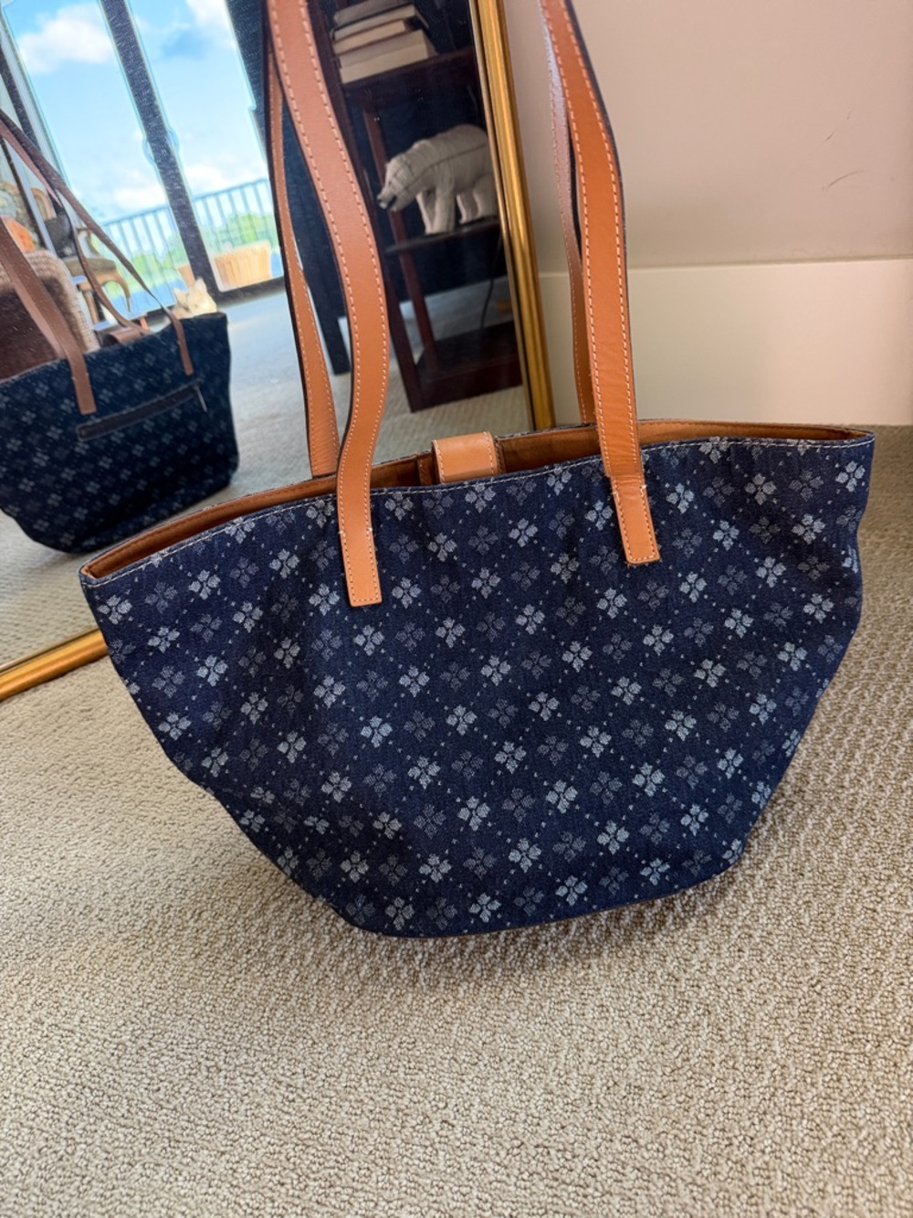 Patricia Nash Navy Patterned Tote with Tan Leather Straps